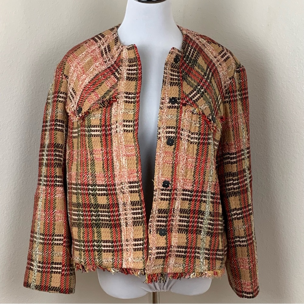 Mango MNG Chaqueta Hellena  SZ M Plaid Tweed Fringed Blazer Jacket | NWT